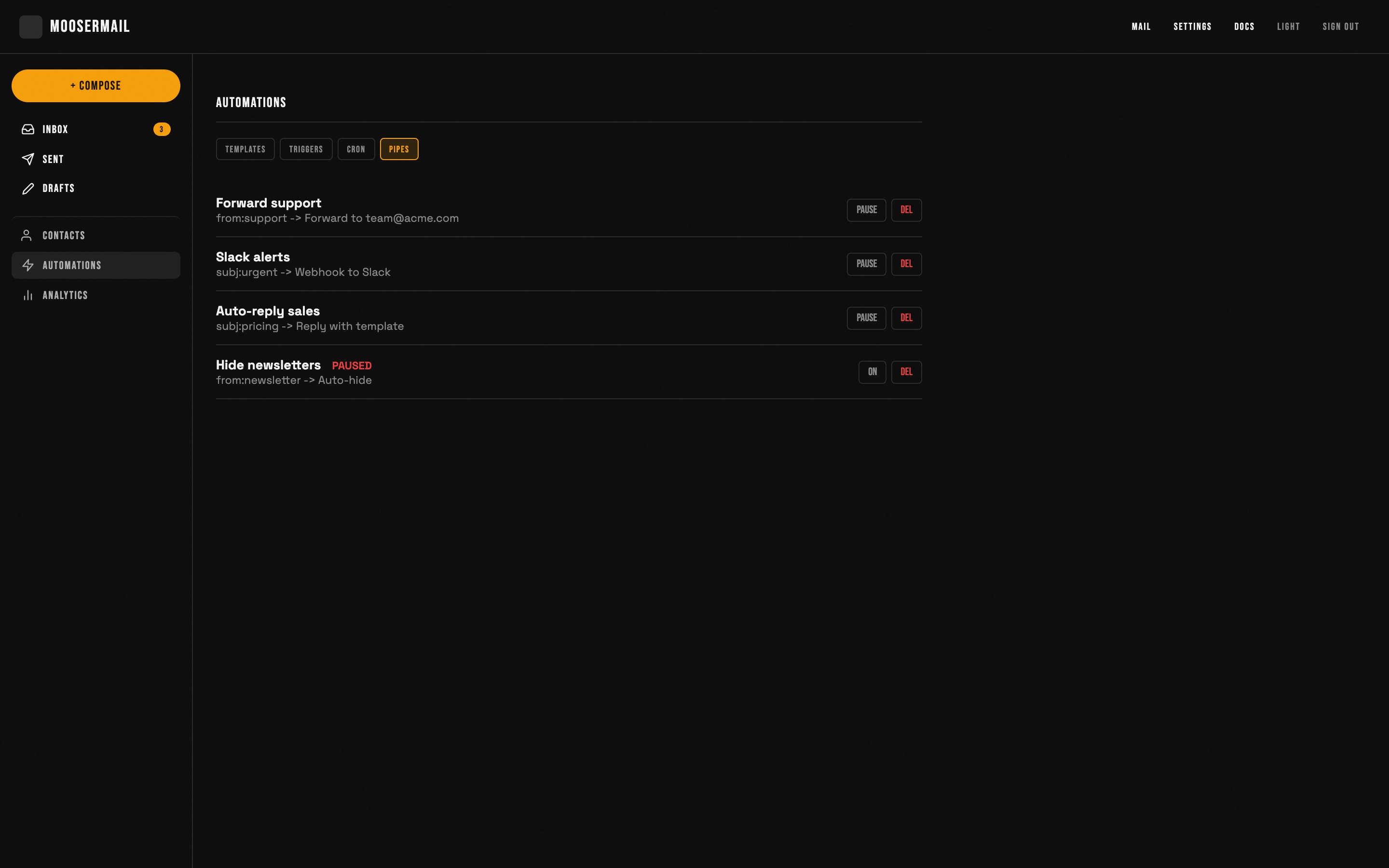 Pipes: auto-forward, webhook, auto-reply