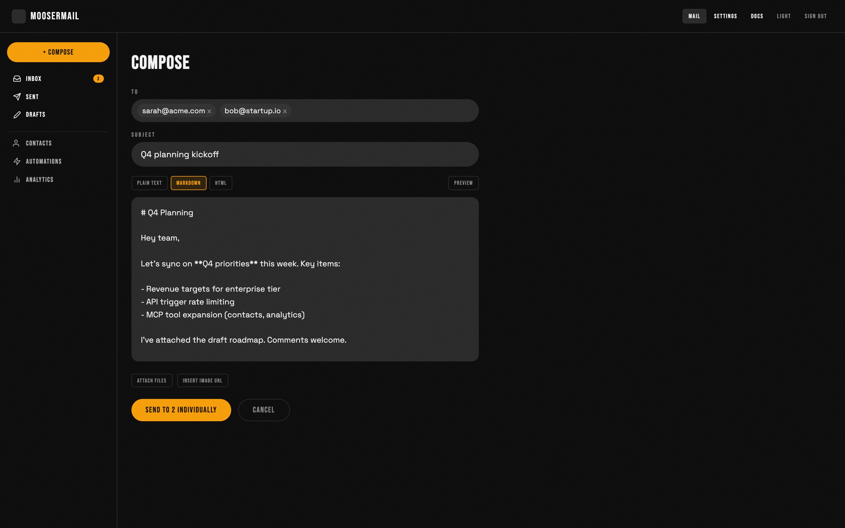 Compose with markdown, chip bubbles, mass send