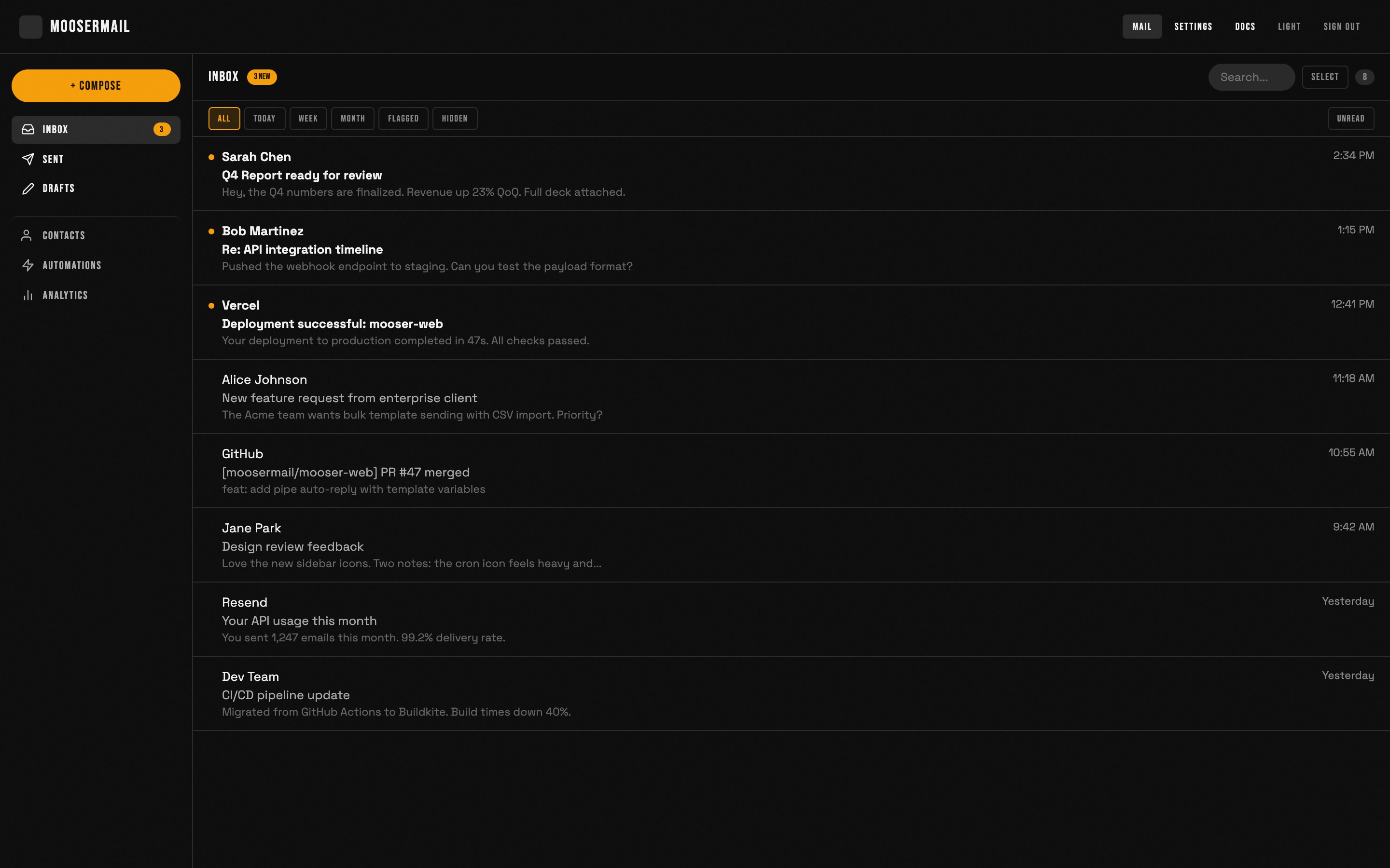Moosermail inbox with real emails